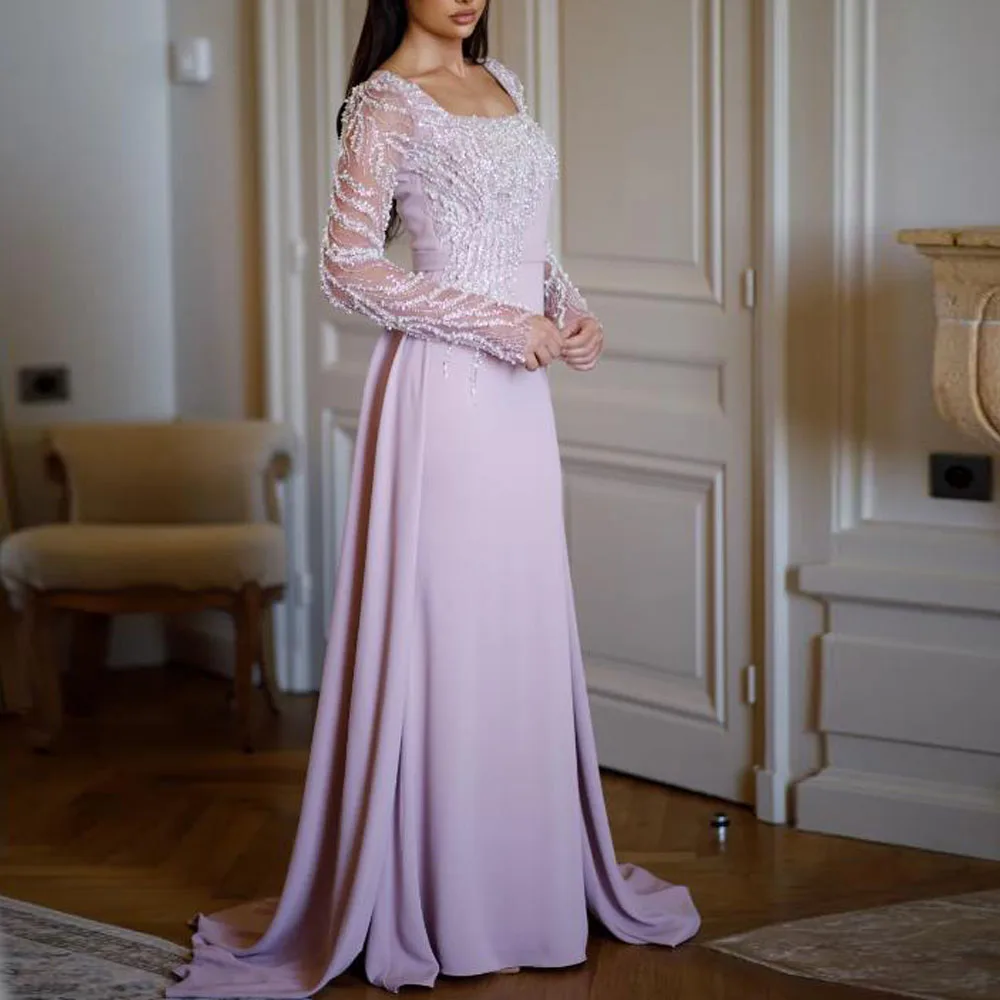 فساتين سهرة مخصصة برقبة مربعة مع فستان رسمي حورية البحر بأكمام طويلة مطرز مع ذيل قابل للانفصال من الساتان