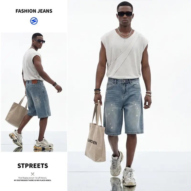 

Men's and women's blue jeans splashed ink trendy straight tube non stretch casual shorts suitable for summer street wear