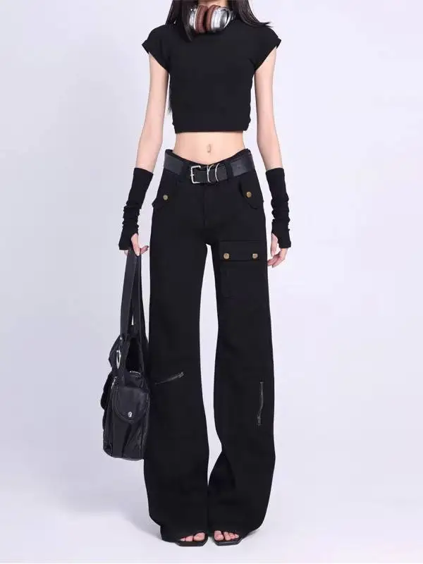 

Американские джинсы в уличном стиле с высокой талией, прямые, рабочие, женские, черные, утягивающие, на молнии, из денима, весна-осень, свободный крой