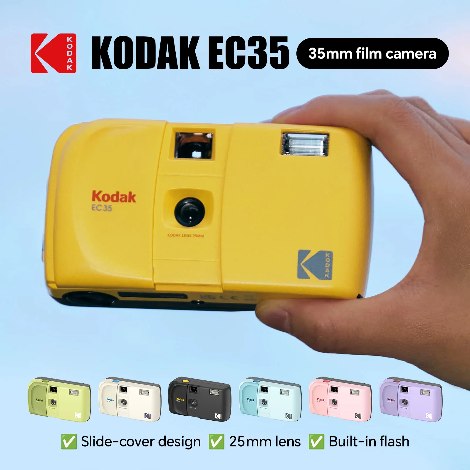 KODAK EC35 35mm Reusable Film Camera Focus-Free Point and Shoot with Built-in Flash Compact Retro Camera for Beginners Travel