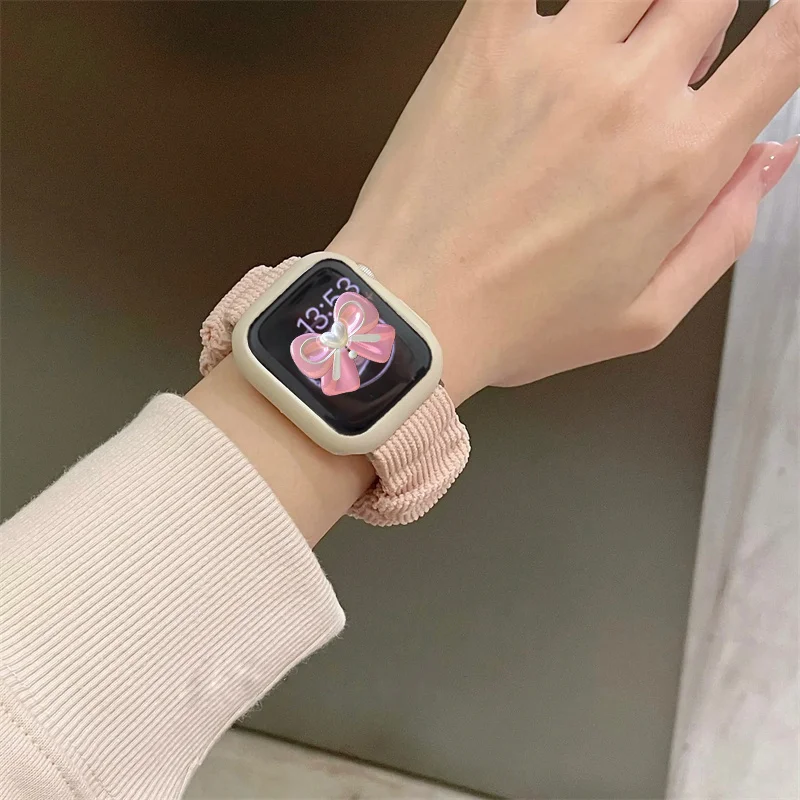 Light Pink Hair Band Strap+Case 40mm 44mm For Apple Watch Stretch Band Ultra2 49mm 41 45mm 38 42mm 40 44mm Lady Loop For iwatch