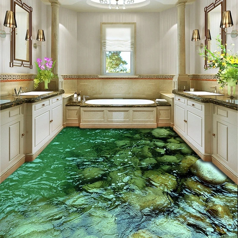 Custom 3D Flooring Natural Scenery Stone Water Bathroom Kitchen Floor Sticker Painting Waterproof Self Adhesive Wallpaper photo