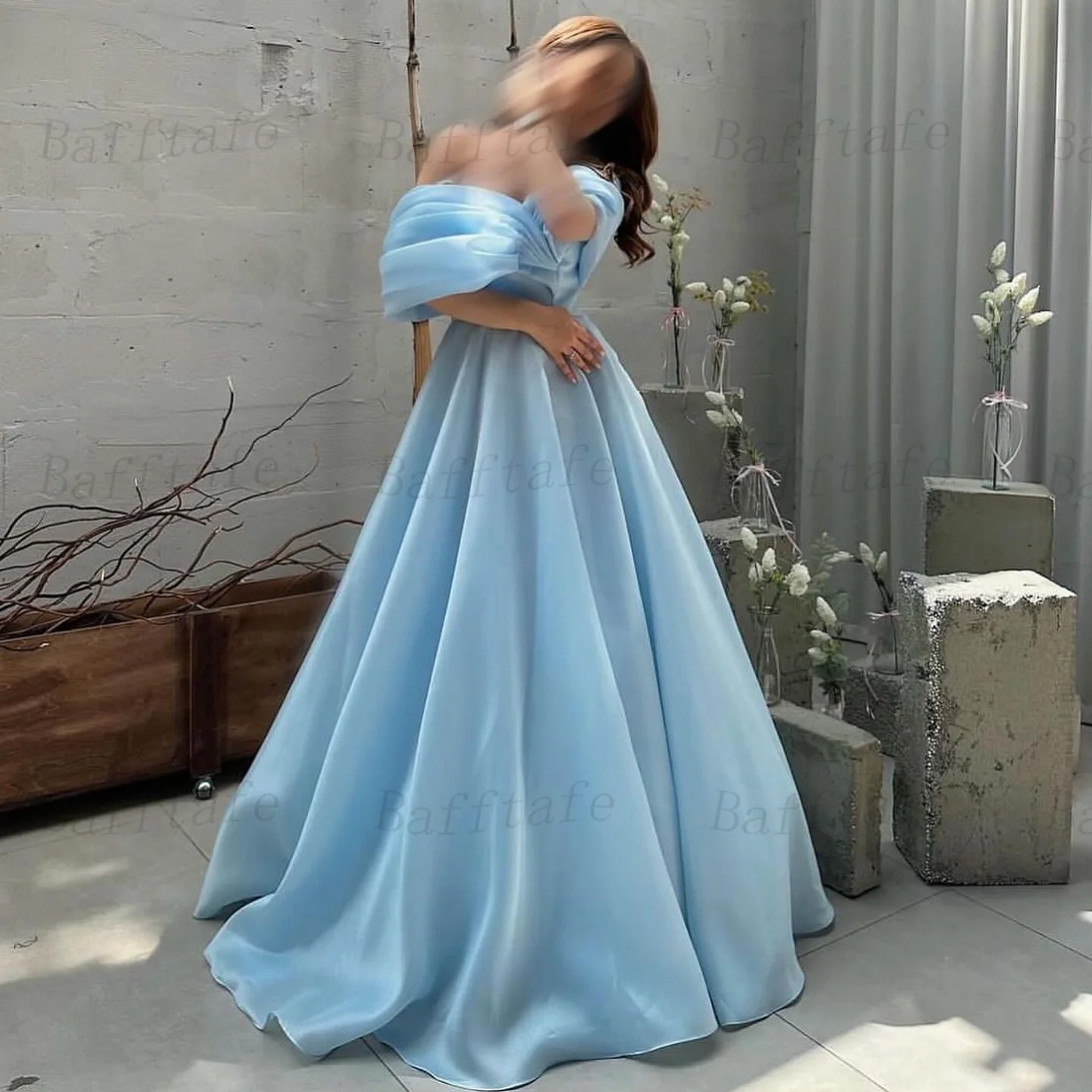 Bafftafe Customized Blue Organza Women Formal Party Dresses Off The Shoulder Pleats Corset Back Long Prom Evening Gowns