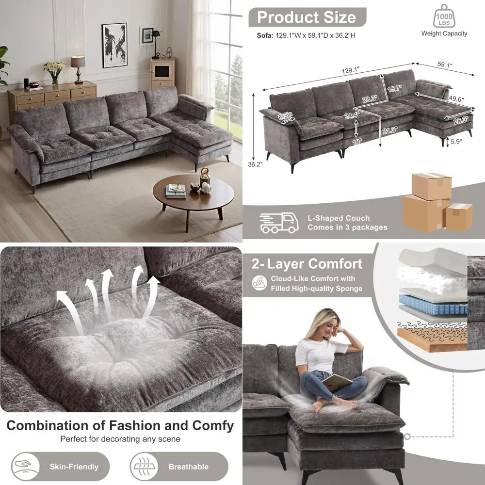 

Двусторонние секционные диваны для гостиных, L-образный диван с шезлонгом, удобные диваны Cloud-Like в решетчатом дизайне