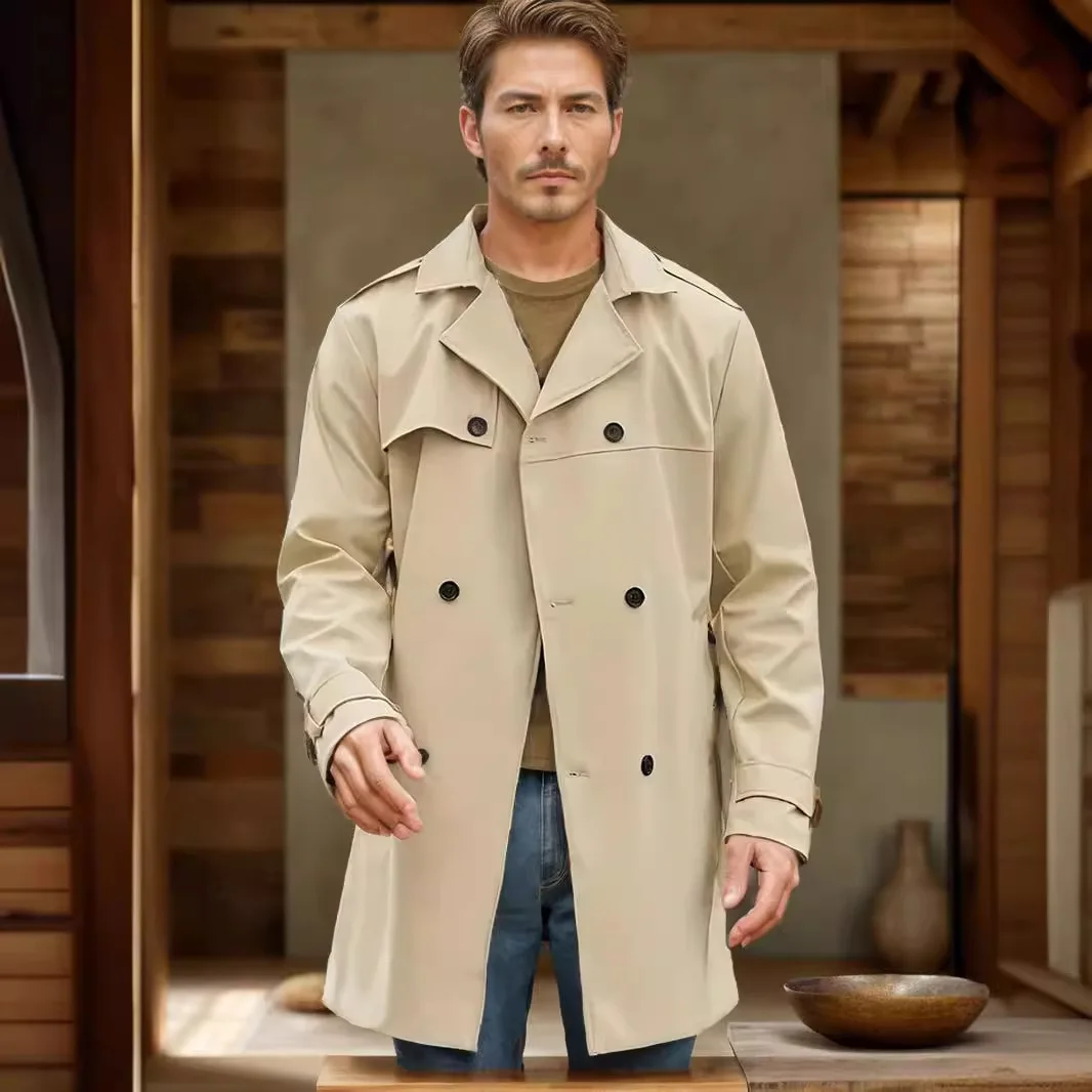 

Man Windbreaker Autumn Vintage Turn Down Collar Male Trench Coat Double-breasted Long Sleeve Mid Length Daily Men Outerwear