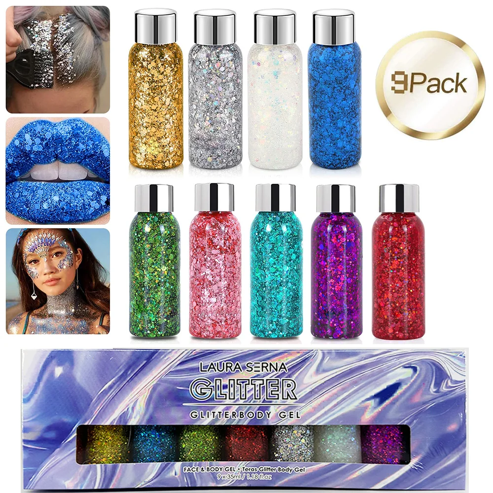 9pcs Face Glitter Makeup Body Sparkles Glitter Gel Chunky Sequins Glitter Bar Makeup Cosmetic Glitter for Body Hair Festival