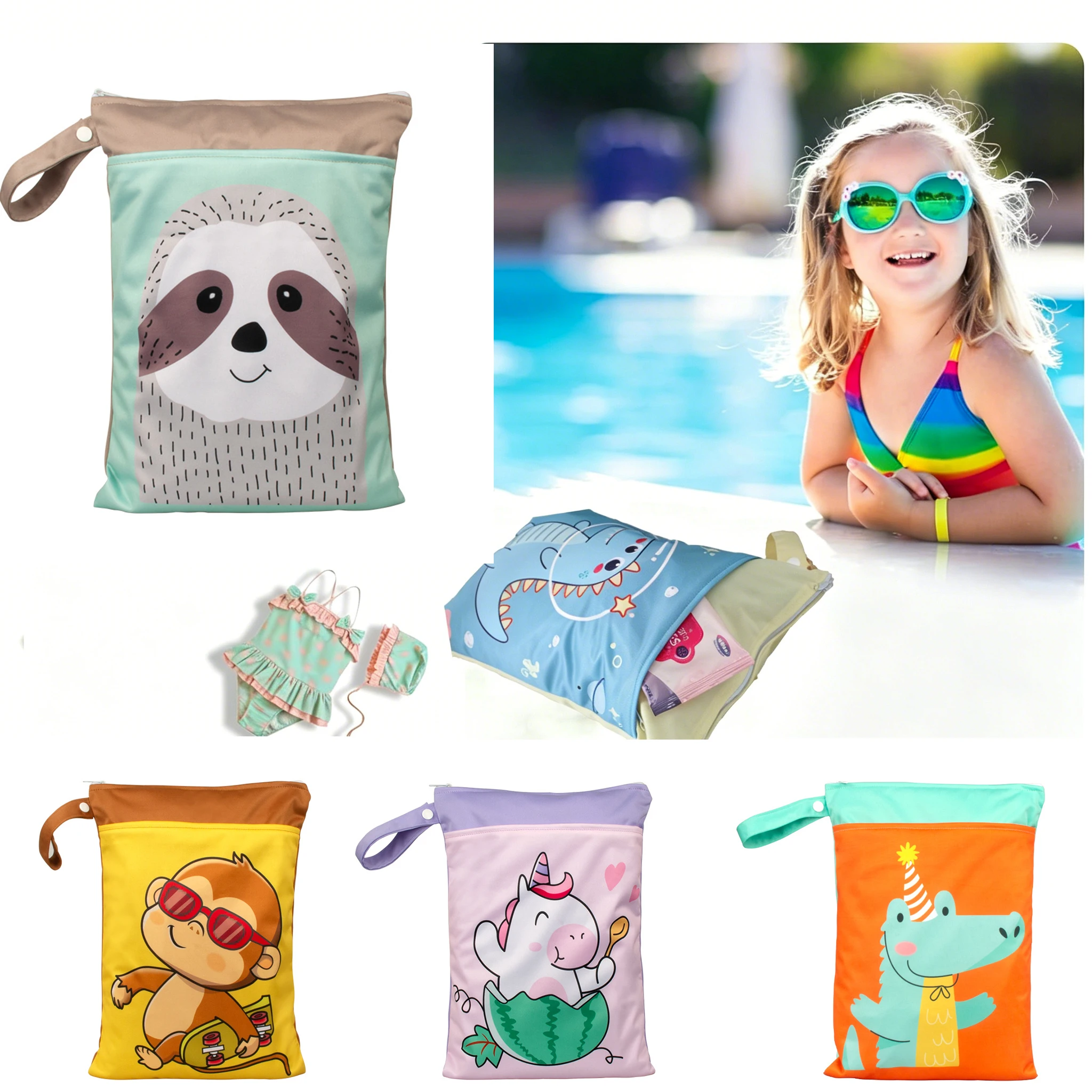 

25x35cm Baby Diaper Bag Wet Dry Bag Printed Waterproof Diaper Bag Double Zippers with Handle Mommy Bag