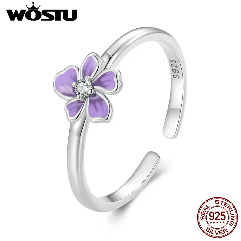 WOSTU 925 Sterling Silver Mystic Purple Flower Opening Rings For Women Cute Korea Zircon Stackable Party Ring Girl Birthday Gift