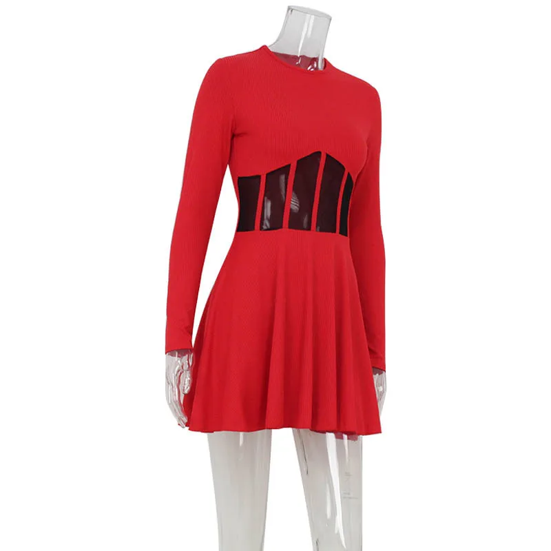 A-lijn effen jurken voor dames mode sexy streetwear lange mouwen mesh patchwork o-hals mini vestidos gewaden vrouwelijke slim fit