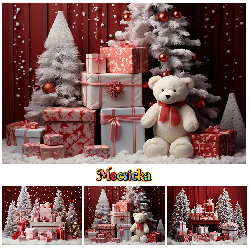 

Winter Red Christmas Backdrop Xmas Tree Snowflake Gift Box Bear Decor Kids Portrait Birthday Party Photo Background Banner