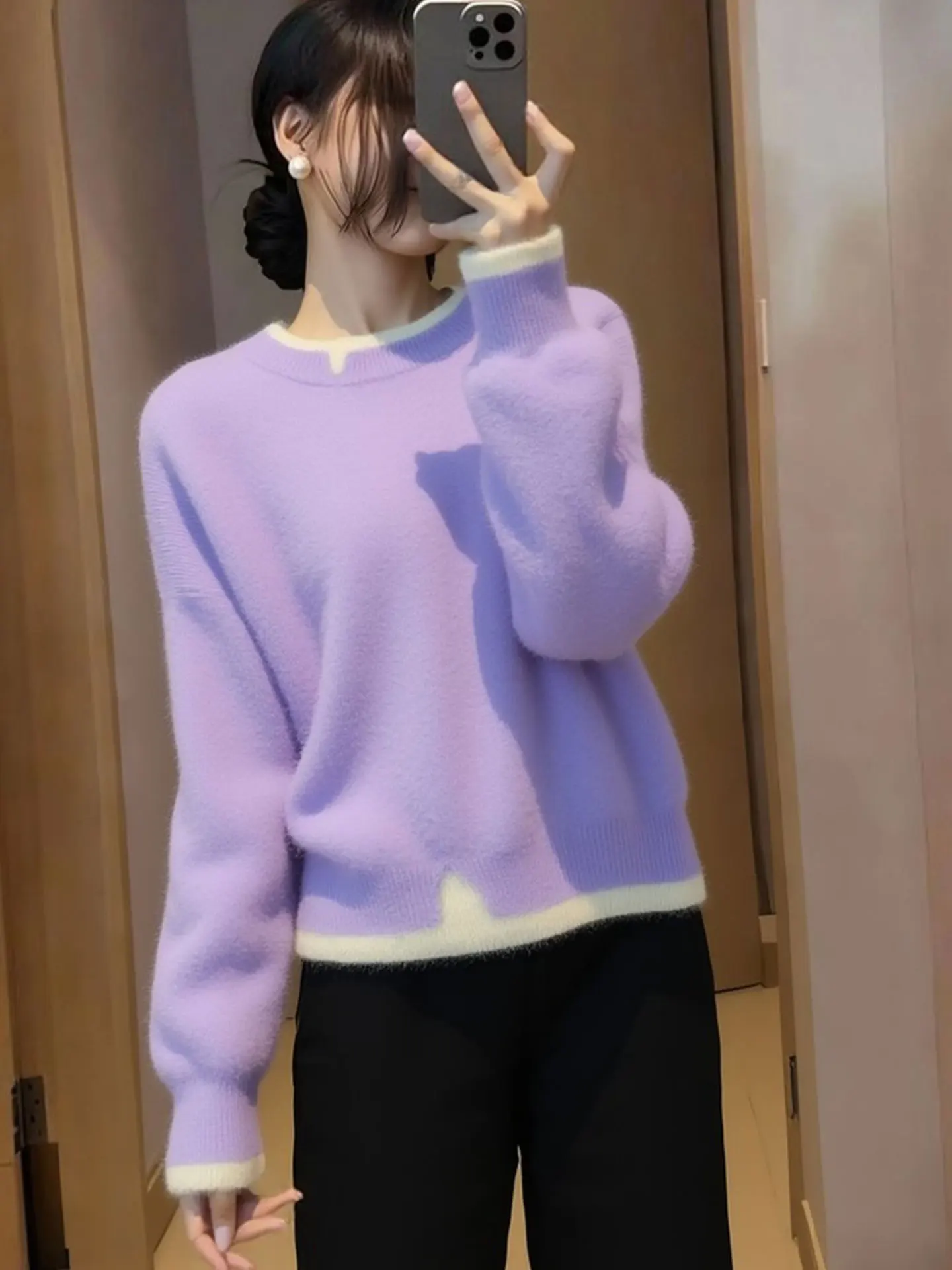 

Ele Long Sve Knitted Sweater Comfortable Warm Loose Fit Color Blo Spring Faion Casual Sle Women's Camere Top