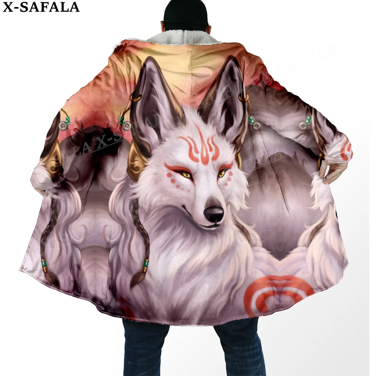 Nine-Tailed Fox Kitsune Tattoo Print Thick Warm Hooded Cloak Men Overcoat Coat Windproof Fleece Cape Robe Hooded Blanket-6