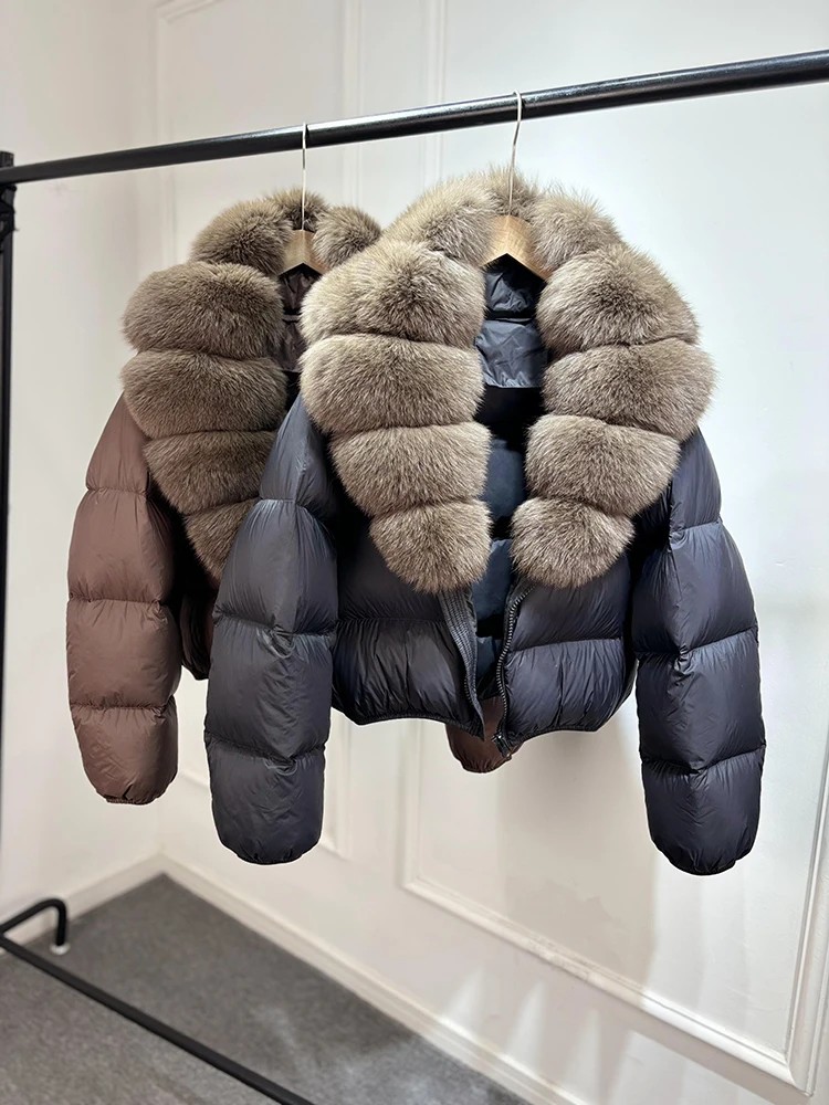 Janveny 2025 New Puffer Jacket Women With Large Natural Fox Fur Collar Short Fluffy Thick Parkas Female 90% White Duck Down Coat