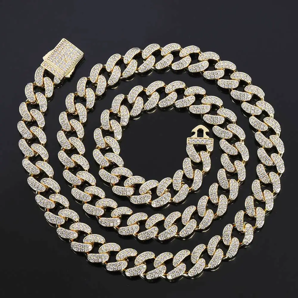 

Mens Gold Plated Cuban Link Chain 14k Hip Hop Jewelry 12mm Double Row Full Zircon Fashion Jewelry Men