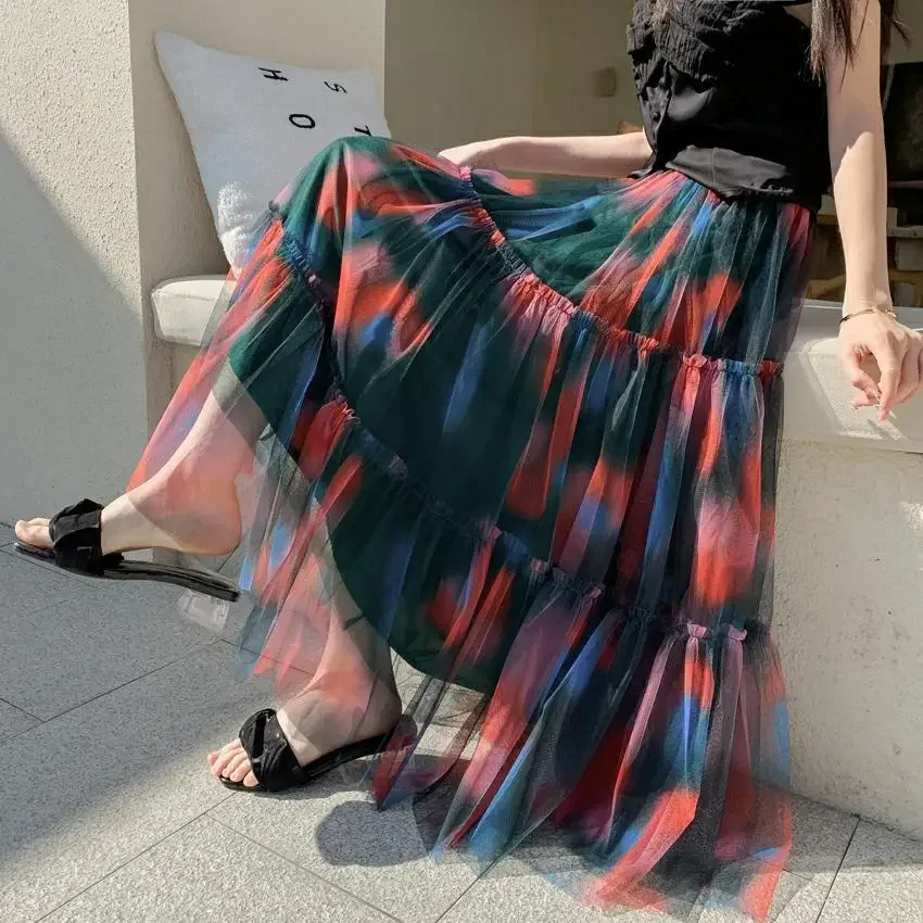 Contrasting Gauze Rainbow Mesh Skirts Splicing Cake Long Skirt Women Pleat Dress Elegant Solid High Waist Gauze Skirts