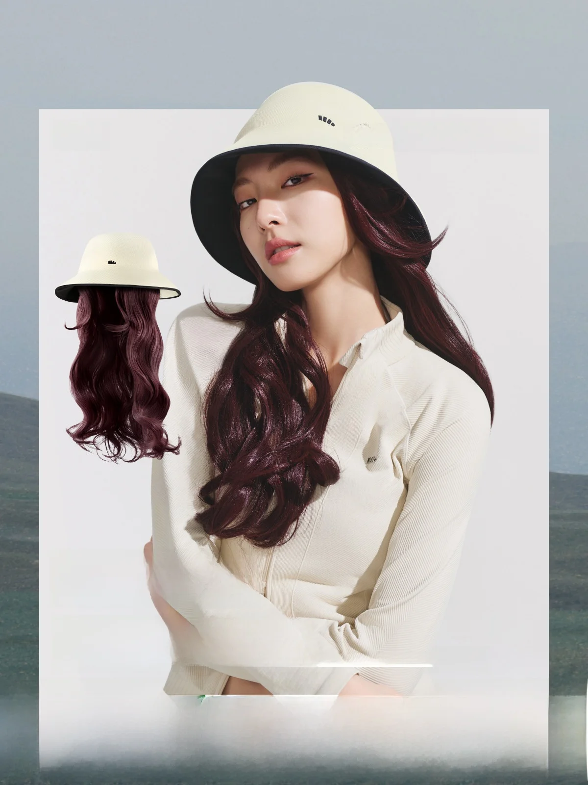 

Banana Leaf Women's Full Head Wig Hat Pink Purple Highlighted Black Long Straight Brown Big Wave Fishing Cap