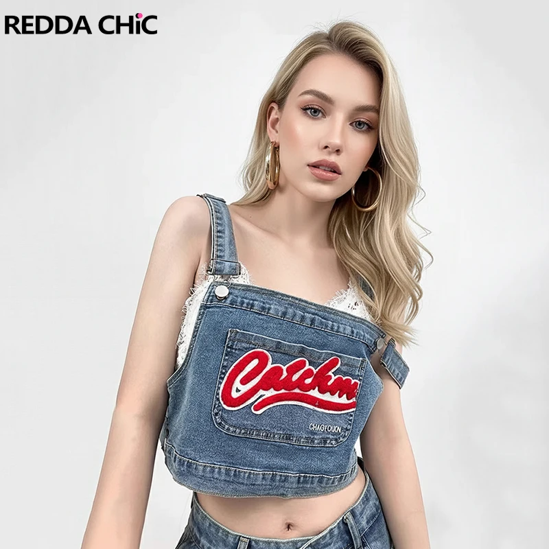

REDDACHiC Summer Layering Tank Top Denim Flocked Letters Bib Pocket Cropped Sleeveless Vest Skater Sport Women Hiphop Streetwear