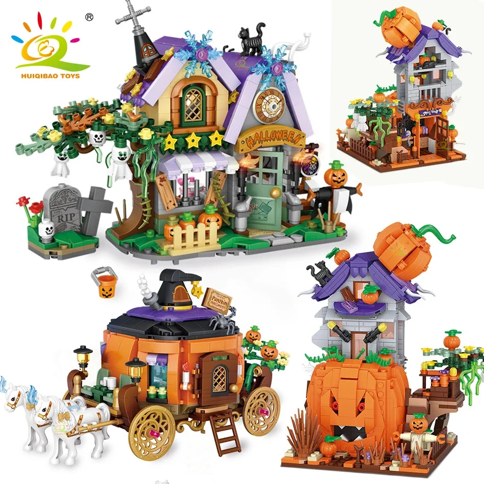 HUIQIBAO Halloween Mini Pumpkin House Micro Model Building Blocks City Kid DIY Pumpkin Carriage Set Bricks Toys Children Gift