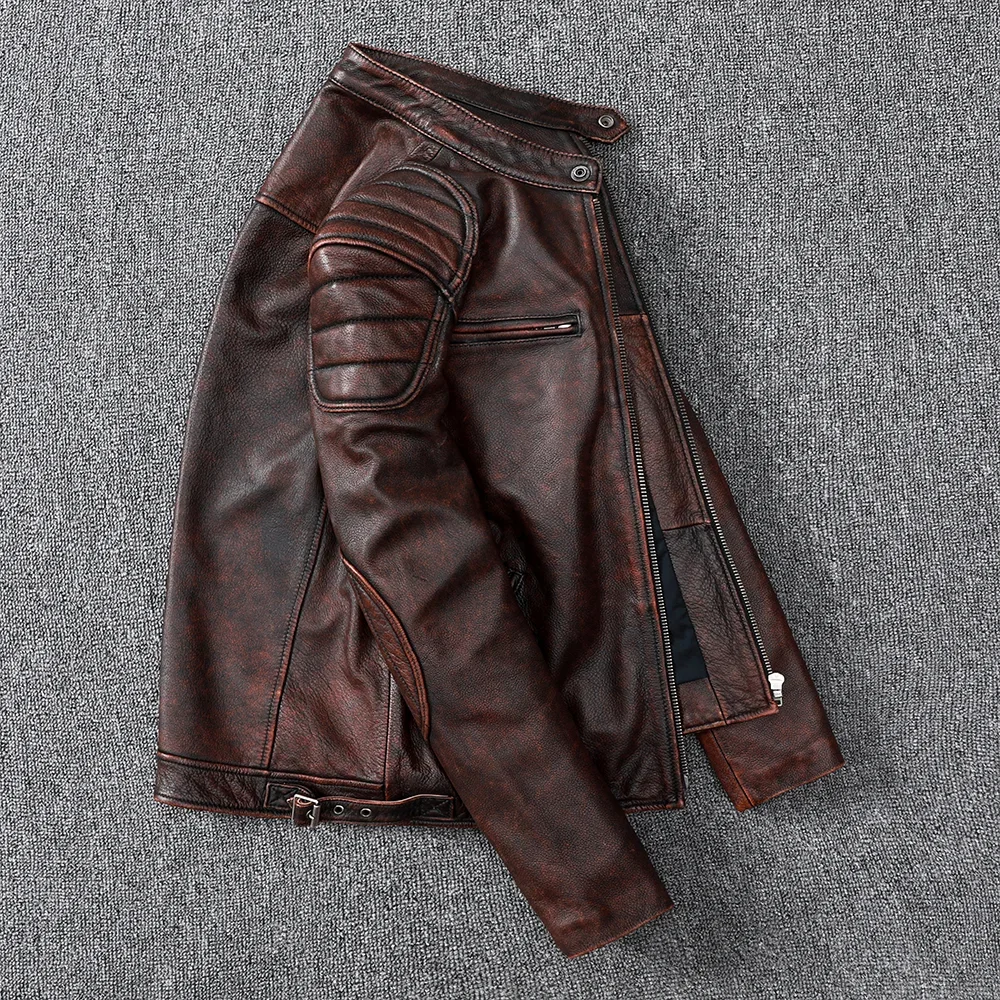 Veste de motard en cuir véritable pour hommes, manteau mince en cuir marron, vêtements en peau de vache, style vintage, mode, nouveau, livraison gratuite, 2021