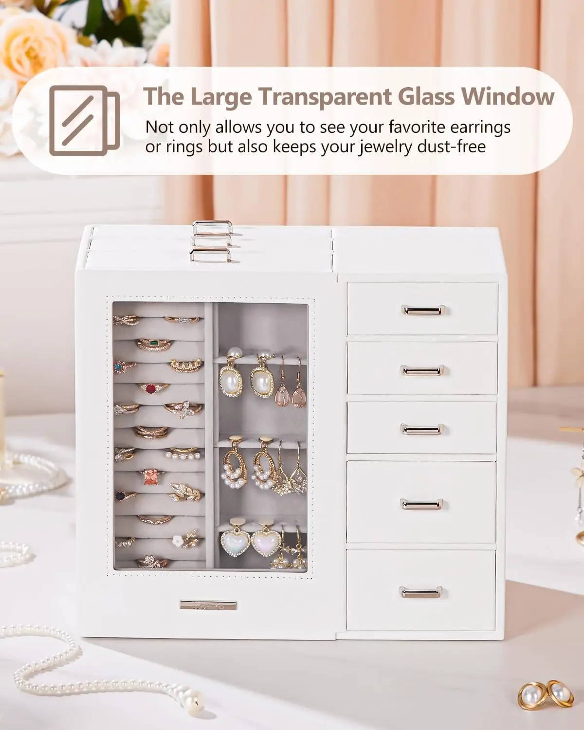 صندوق مجوهرات كبير/منظم/حافظة مع نافذة زجاجية، أدراج للقلائد والأقراط والخواتم والأساور والساعات هدية #2
