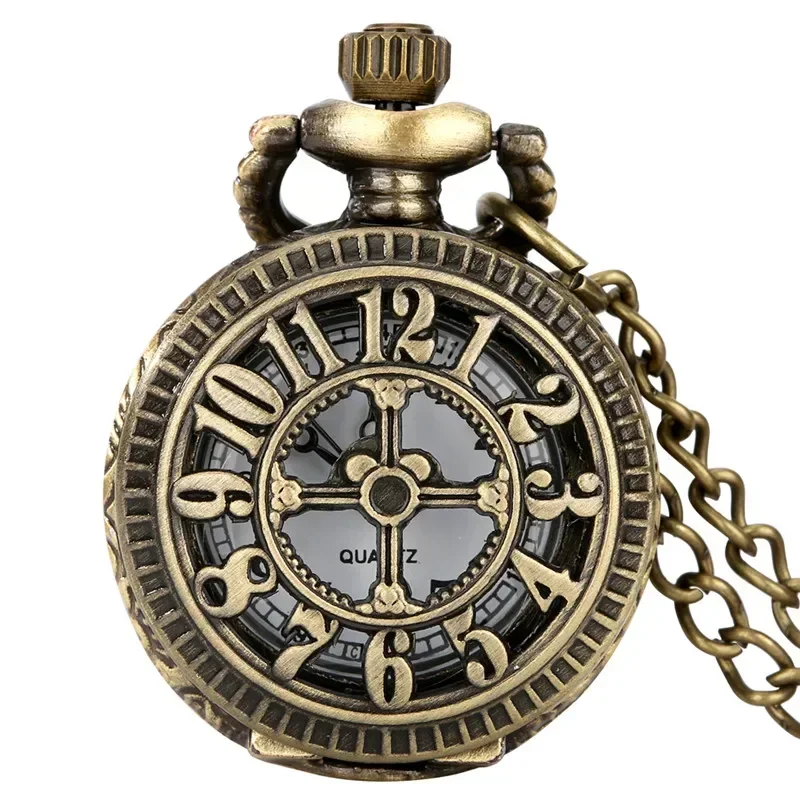 Bronze Mini Size Hollow Arabic Number Cover Unisex Quartz Analog Pocket Watch Necklace Long Chain Collectable Timepiece Gift
