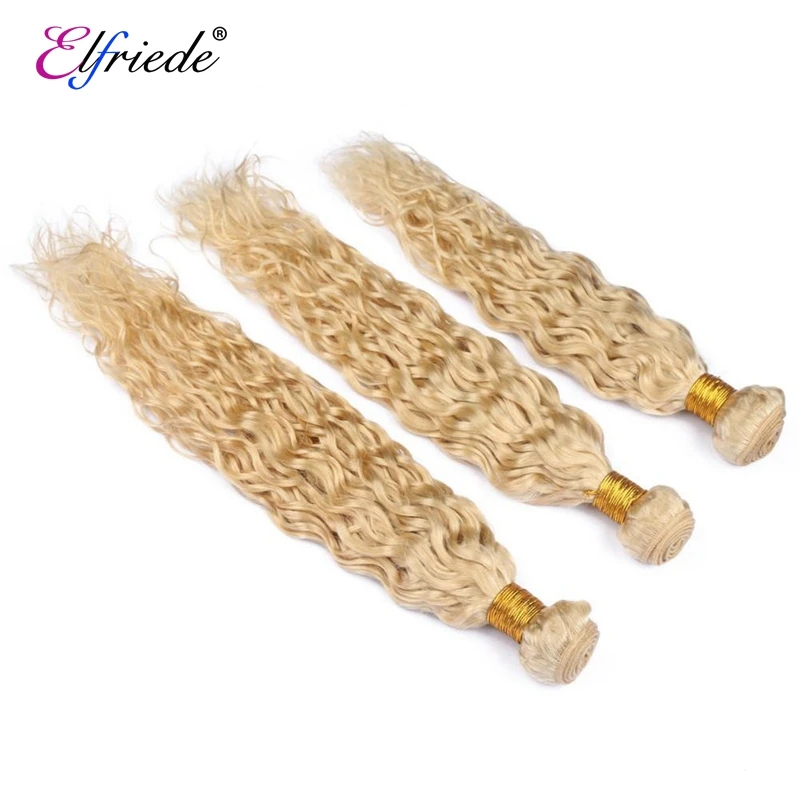 Elfriede #613 Blonde Water Wave Bundles with Closure Brazilian Remy Human Hair Weave 3 Bundles with 4X4 Transparent Lace Closure