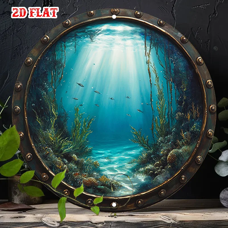 1pc Rustic Tin Sign - Underwater Sunlight & Fish Round Photo Print, Vintage Aluminum Metal Wall Art for Beach House, Retro Cafe,