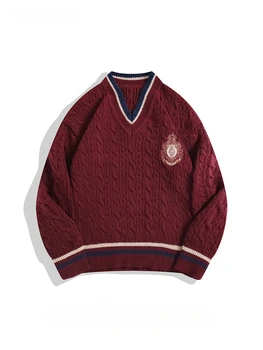 גברים נשים רטרו קולג 'בסגנון v-הצוואר מוערמים סוודרים סתיו חורף רקום צבע-חסימת מזדמנים רופפים