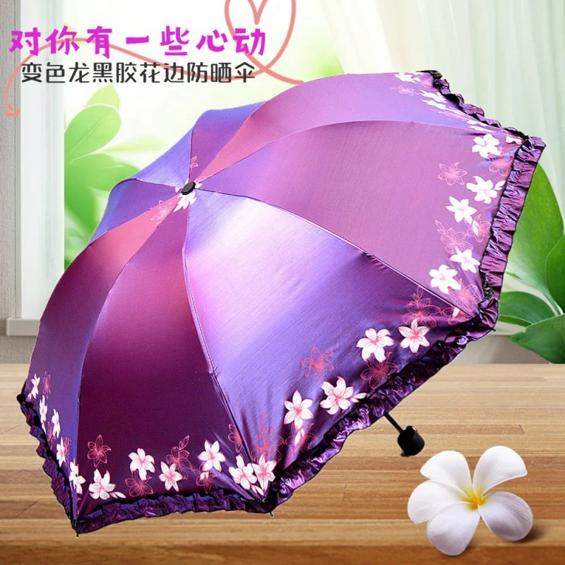 Sun Protection Double Lace Color Changing Flash Thickened Vinyl Girl Parasol Three Fold Rain Or Shine Dual-Use Umbrella