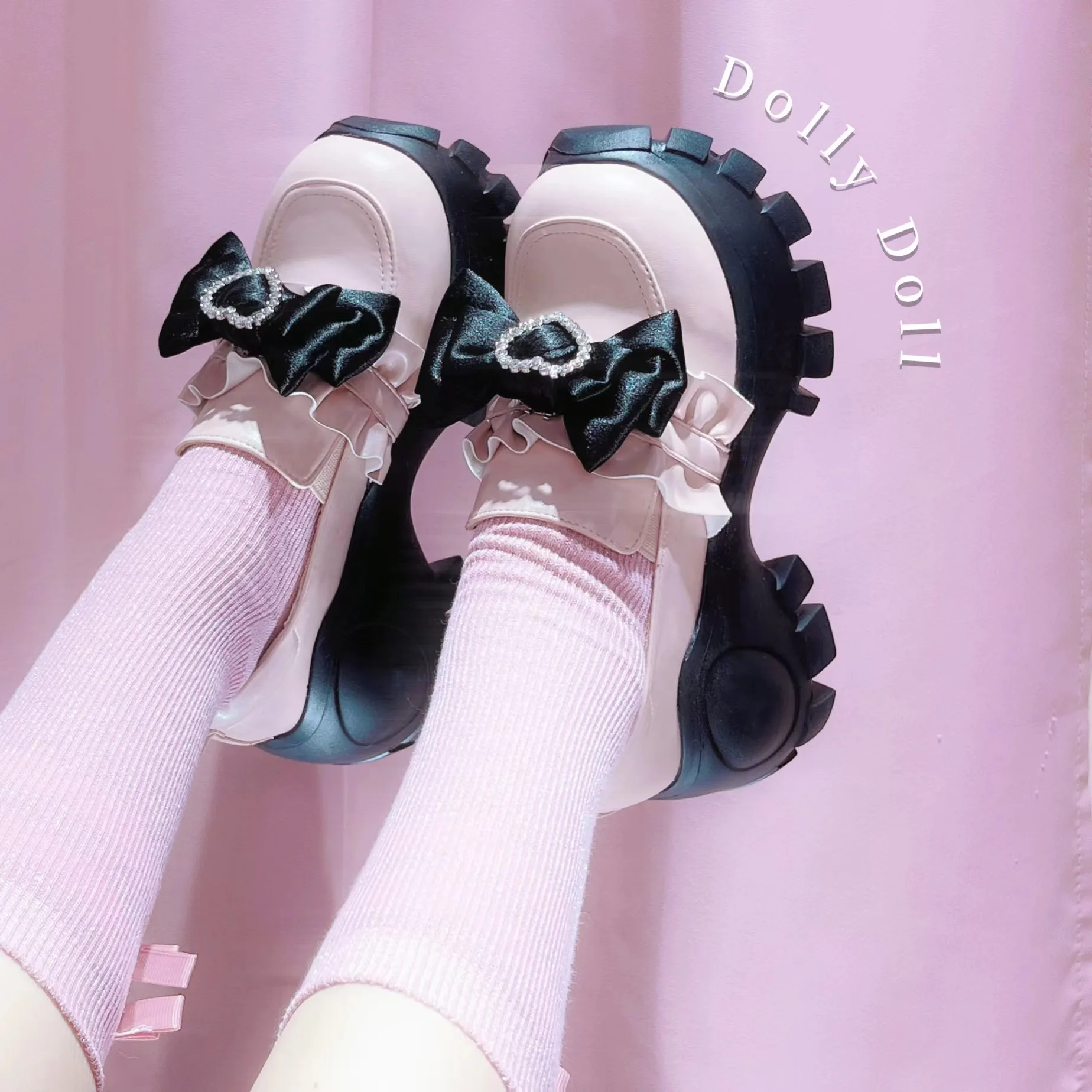 Original Design Jk Uniform Shoes Muffin High Heel Women Girls Sweet Detachable Bow Leather Shoes Thick Bottom Paltform Pumps