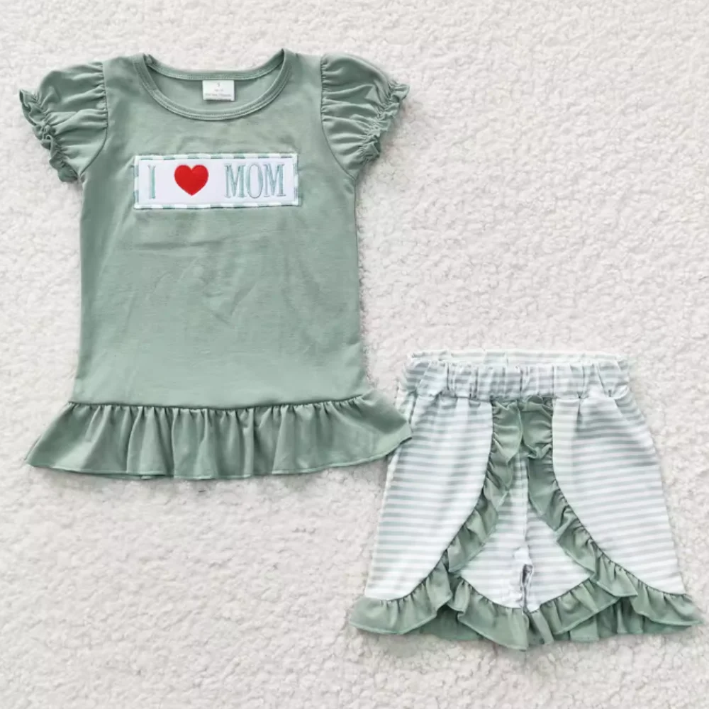 

Embroidery I LOVE MOM Top Stripes Short Wholesale Boys Clothes Suits Boutique Set