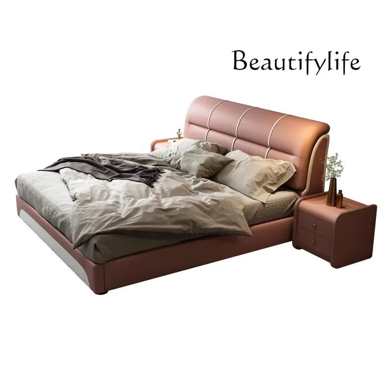 

Leather bed modern simple 2m x 2m master bedroom queen bed by 2.2 solid wood storage double 2.3m wide