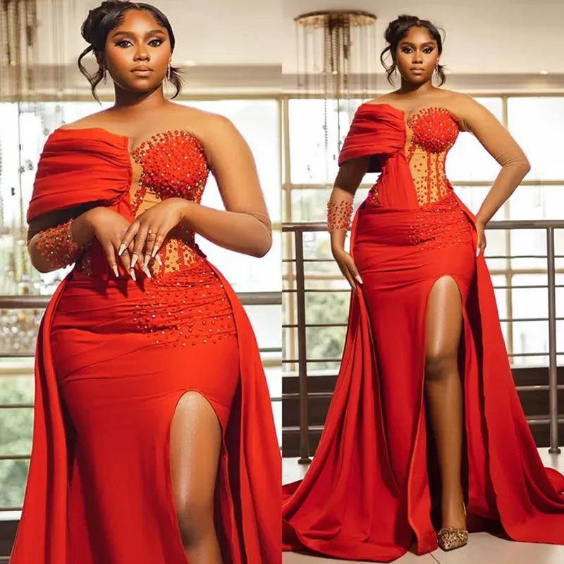 

Customized Luxury Mermaid Aso Ebi Ball Dress Transparent Collar Long Sleeve Beaded Side Split Birthday Second Reception Dress