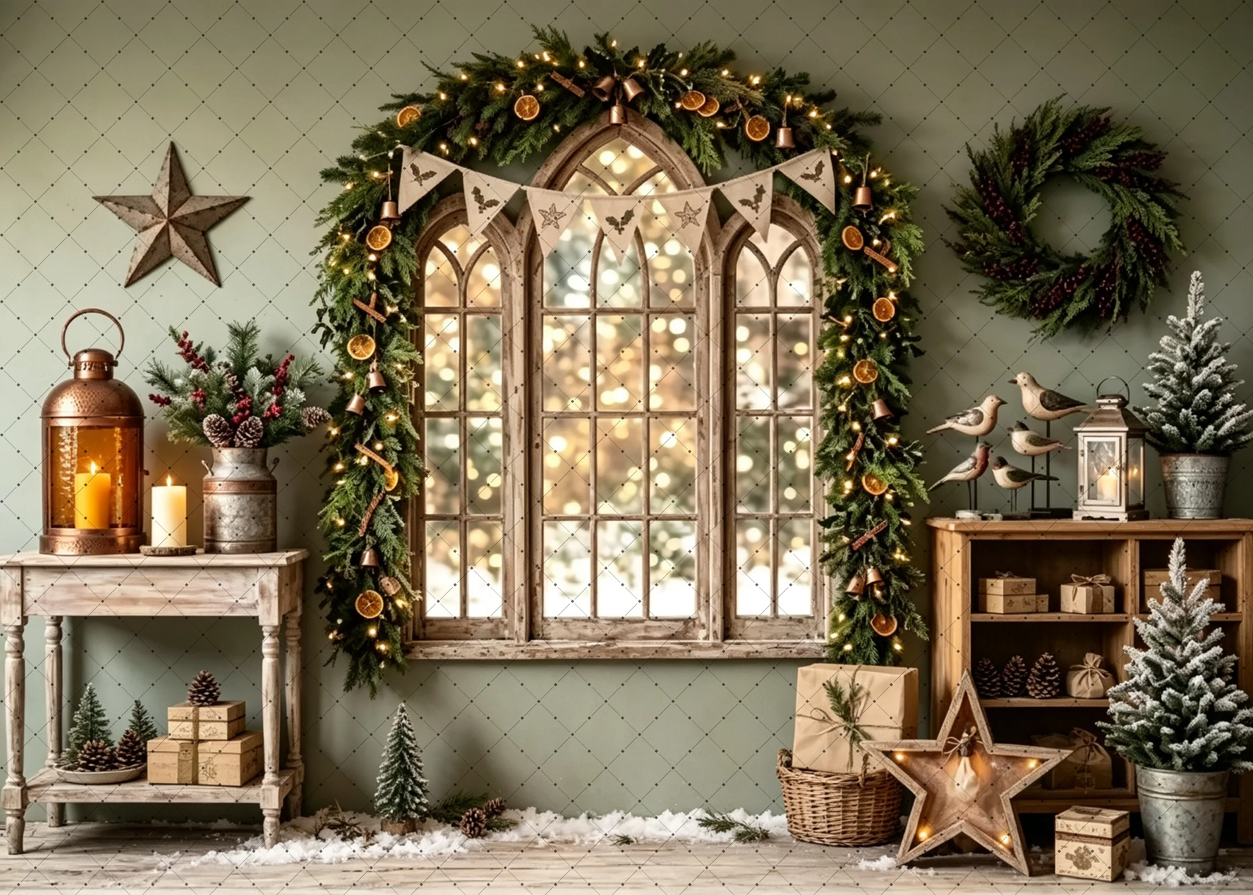 Christmas Photography Backdrop Rustic Arch Window Garland Rattan Chair Lantern Scene Background Holiday Studio Photoshoot Decor