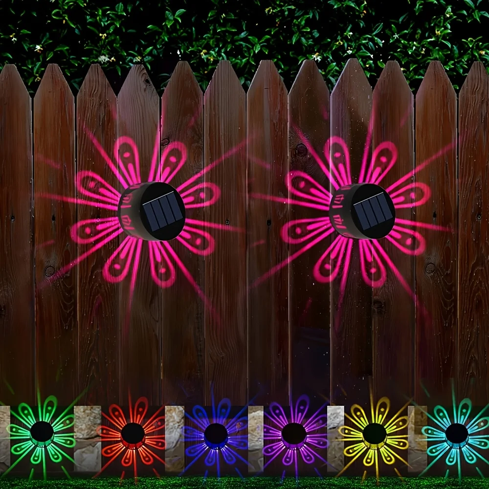 

4/2 Outdoor Solar Fence Lights, Hollow Light Projection Design, LED Floral Pattern Wall Decorative Lamp, IP65, Colorful Warm White Flower Pattern, Durable Plastic, Suitable for Commercial Streets, Walls, Porches, Cafes and Bars Tabletop Decoration | Envir