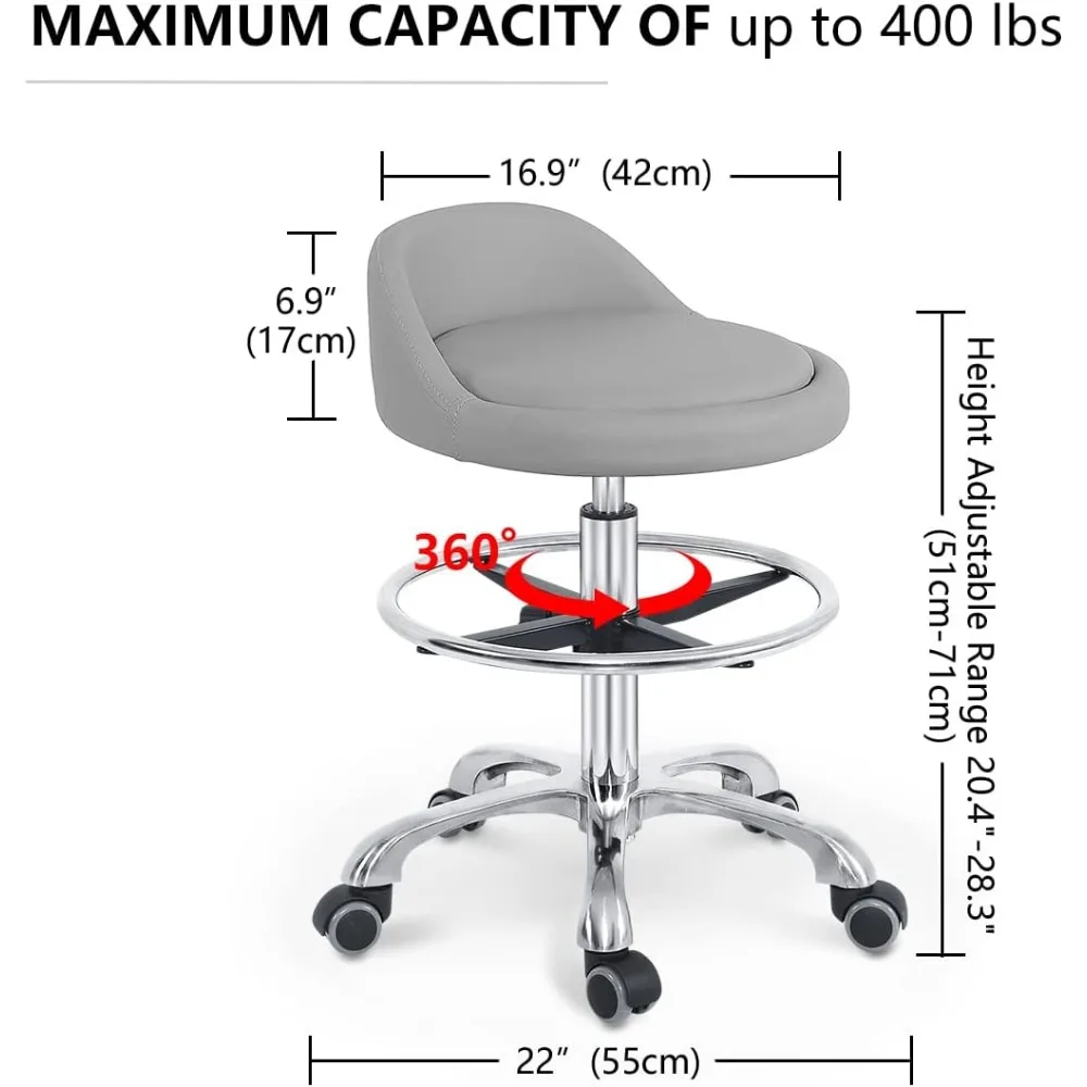 Grace & Grace Rolling Stool with Back Support and Footrest Ring, Adjustable Heavy Duty Stool with Wheels for Shop, Salon,