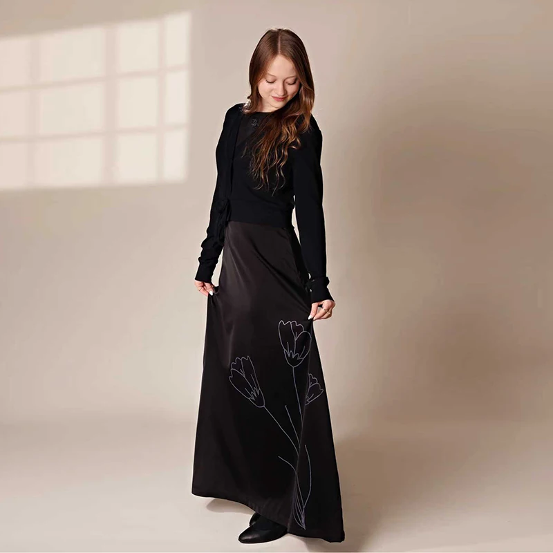 فستان ماكسي على شكل حرف a بدون أكمام فستان نسائي من الساتان عناصر الزهور مطابقة سترة صوفية مضلعة مقاسات على شكل حرف v XS-XXXL #3