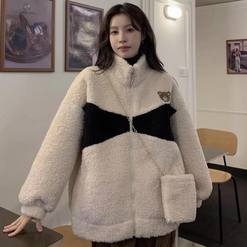Winter Thickened Long Sleeve Lamb Fur Jacket Women's Loose Bear Pattern Cotton Coat Adorable Color B