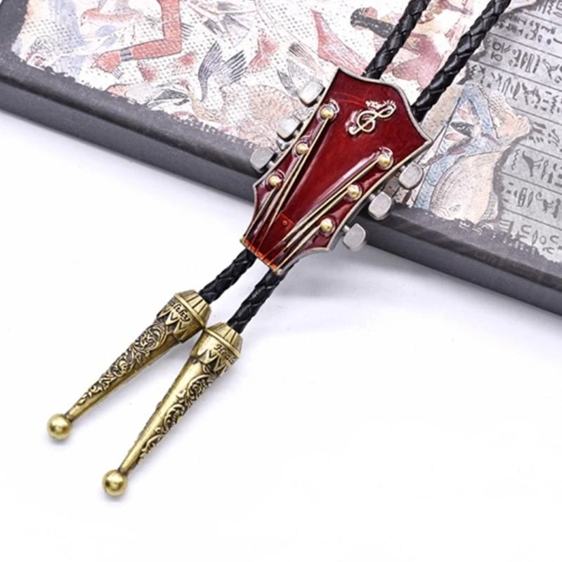 Винтажный галстук-боло ручной работы для женщин и мужчин, ковбойский кожаный галстук из веревки в стиле вестерн с эмалированной подвеской в виде гитары, ювелирное ожерелье