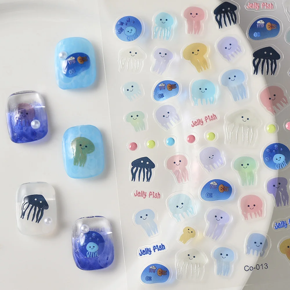 5D Nail Sticker Jelly Fish Embossed Nail Sliders Colorful Sea Animal Children Kids Decor Manicure CO-013