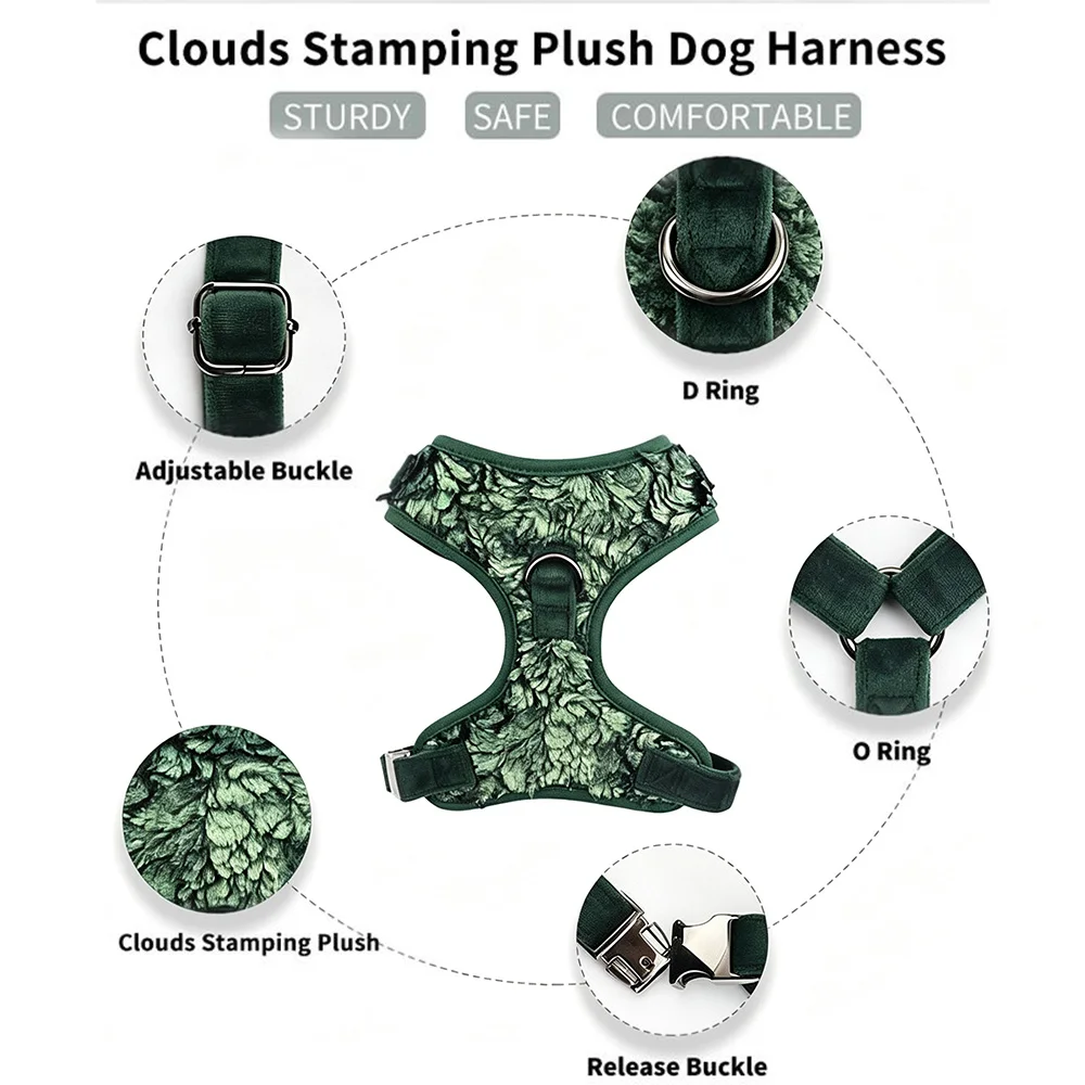 Tactical Camo Complete Dog Harness Kit with Leash and 2 Bowties Set Olive Green Cloud Embossed Plush Breathable for Small Large