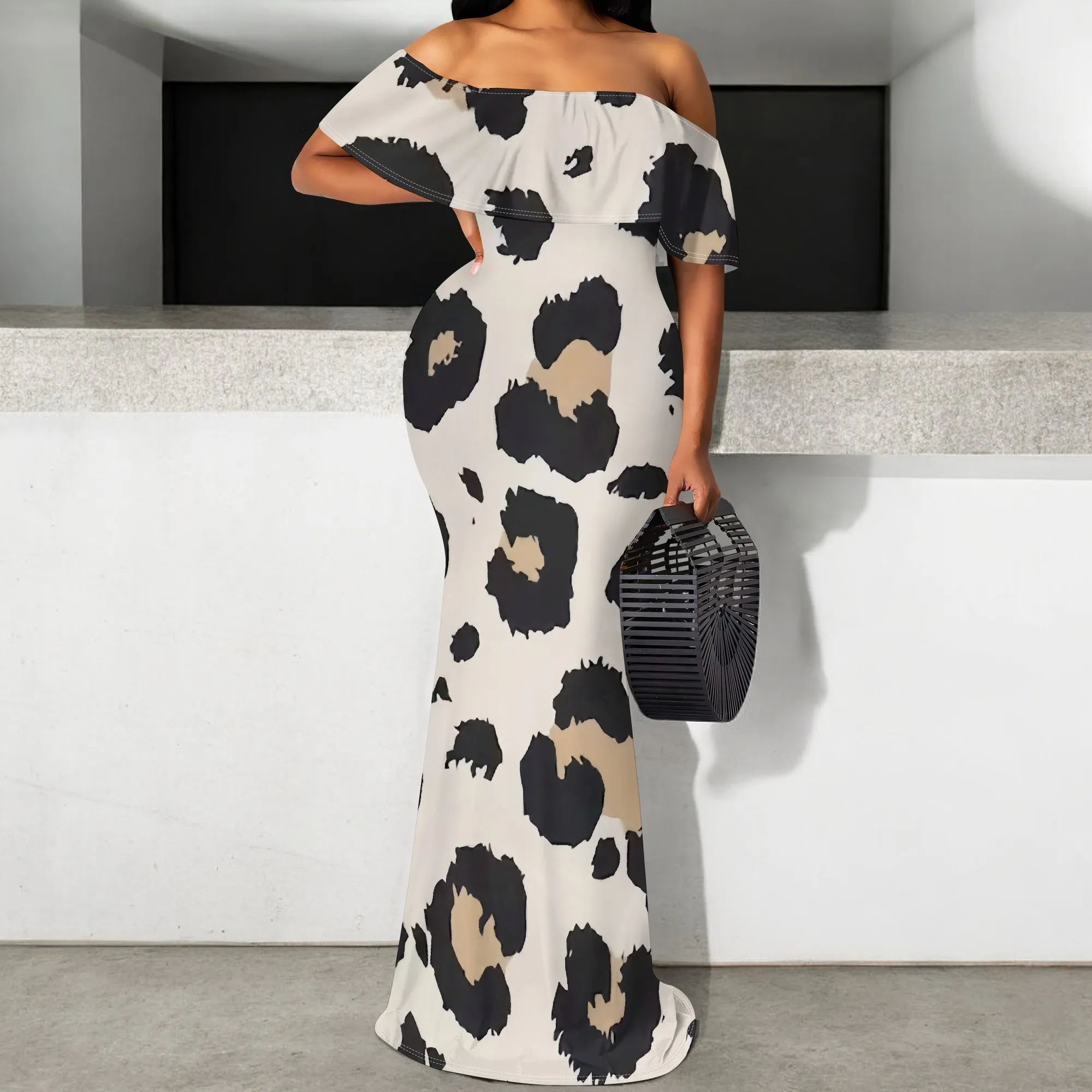 

Leopard Print Maxi Dress S-3XL Off Shoulder Bodycon Long Dress for Women