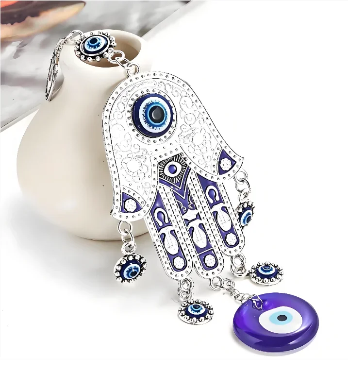 Turkish Fatima Palm Blue Eye Keychain Muslim Exorcism Lucky Amulet Zinc Alloy Car Pendant Feng Shui Meditation Mascot Jewelry