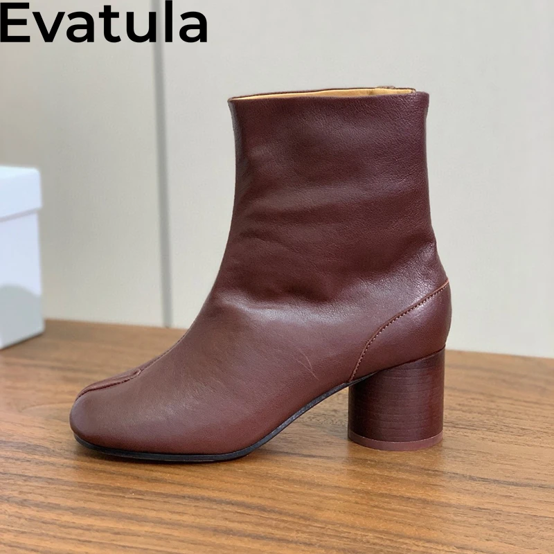 2024 Autumn High Quality Split Toe Round Mid Heels Ankle Boots Women Retro Real Leather Chelsea Boots Fashion Short Boots Femme