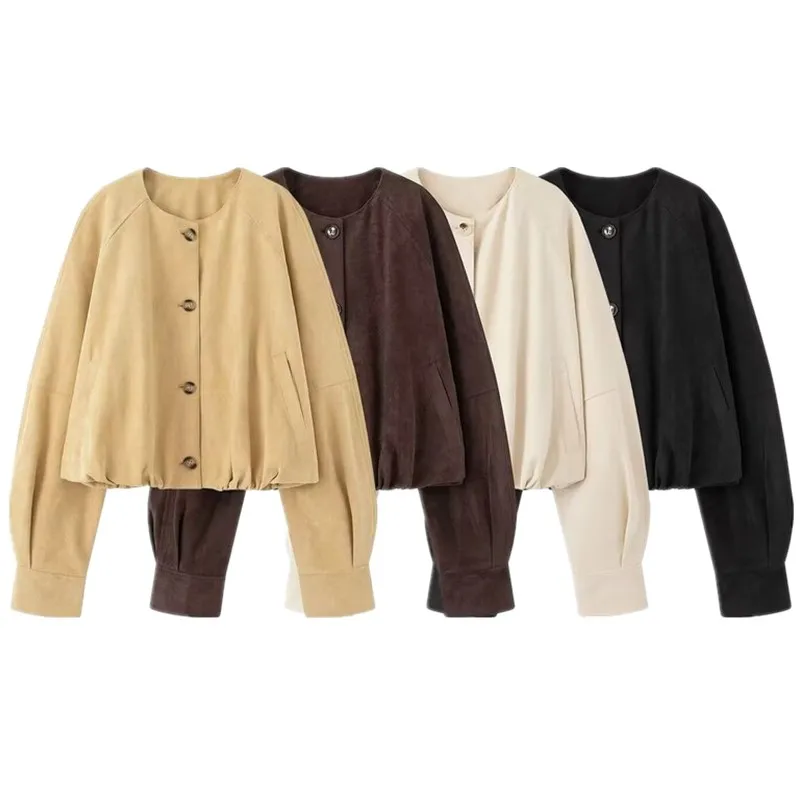 Lâche longue Sve pur cuir Jaet femmes Faion automne nouveau Sle polyvalent vêtements d'extérieur Ele conception Simple bouton fermeture