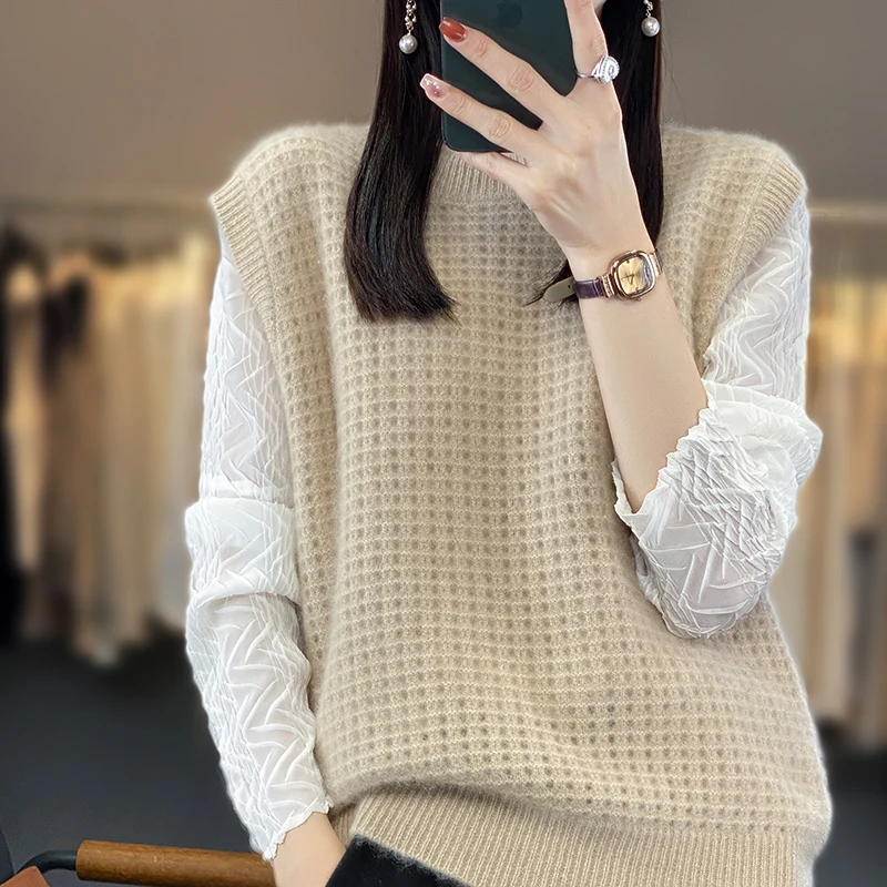 Blue Knit 100%Wool Sweater Vest For Women Tops O-neck Sleeveless Clothe Korean Style Casual Loose Pullover New In Knitwears XXL