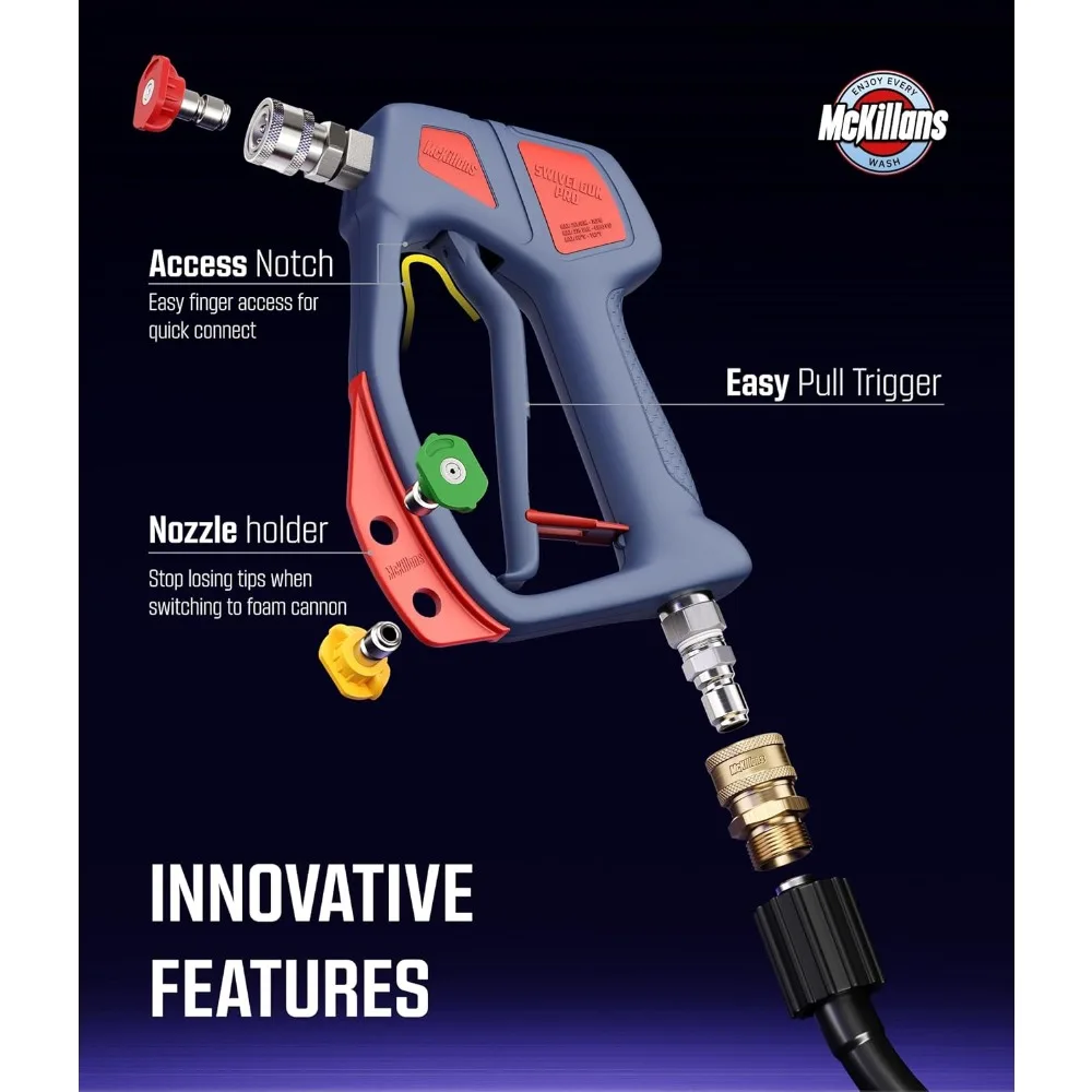Drehbare Hochdruckreinigerpistole mit Schnellanschluss – max. 4000 PSI, Düsenhalter, knicksicheres Design