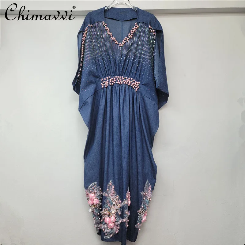 

2025 Summer New Heavy Loose Large Size Nail Diamond Bat Sleeve Women's Dress Fashion High Waist Elegant Long Denim Dress