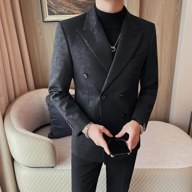 Retro High Quality Blazer Jackets Men Double Breasted Casual Business Suit Coats Formal Wedding Party Social Dress Blazers