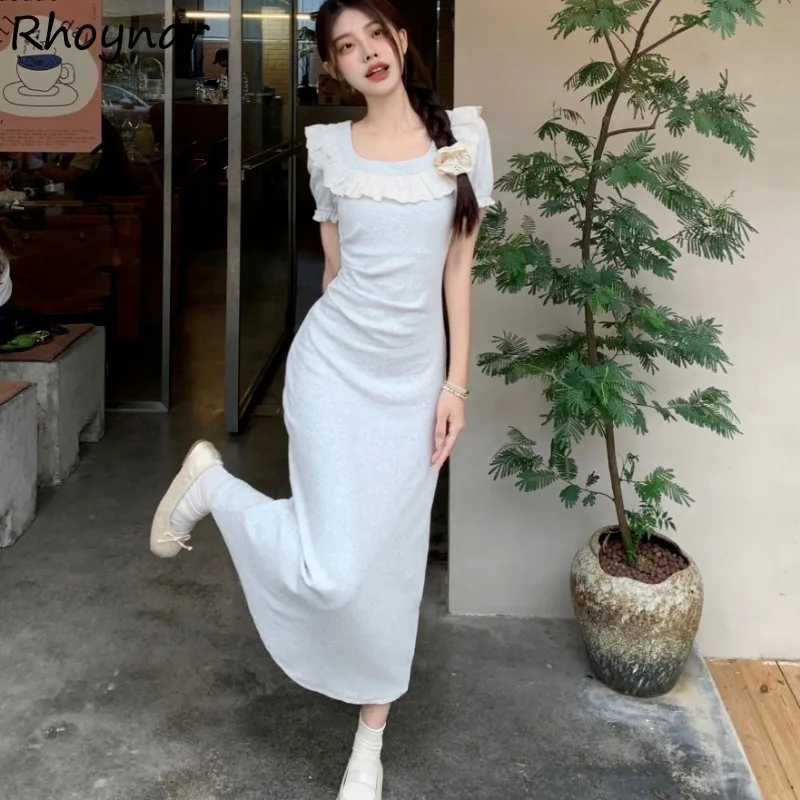 

Short Sleeve Dresses Women Korean Clothing Solid Lace Patchwork Hip-covering Gentle Graceful College Holiday Sweet Summer Chic